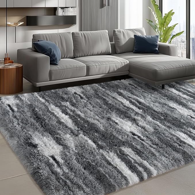 Shag Rugs for Living Room 9x12, Ultra Soft Abstract Grey Big Fuzzy Rugs for - Image 4