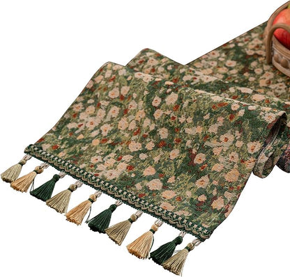 Ditsy Floral Table Runner Daisy Green 13 x 79 Inch | Jacquard Weave Flower by HomeyHo