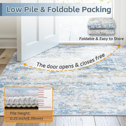 Area Rug 5x7 Living Room Rug Washable: No-Slip Abstract Soft Thin Large Blue - Image 7