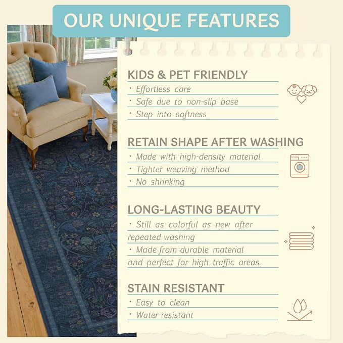 Washable 2x4 Entryway Rugs, Oriental Floral Small Blue Kitchen Rugs, Thin - Image 7