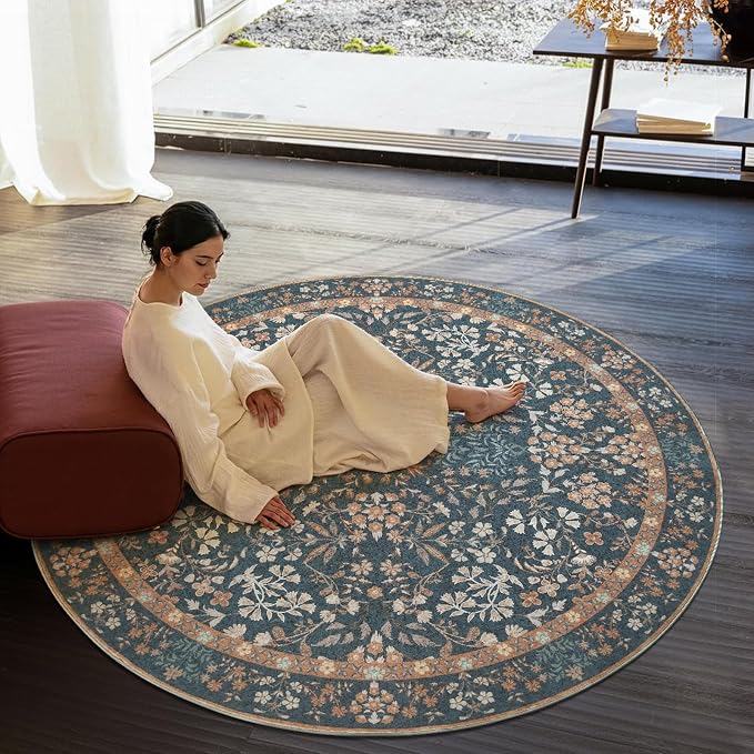 jinchan Zenith Round Rug 6ft Area Rug Soft 6'Round Vintage Floral Rug Non-Slip - Image 6