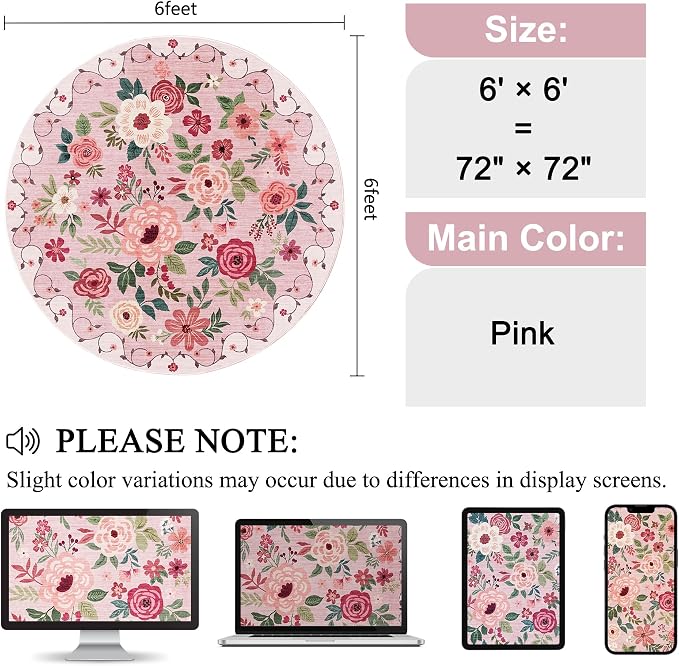 DUKINO Floral Round Rug, 6ft Washable Circle Rug, Non Slip Indoor Low Pile - Image 2