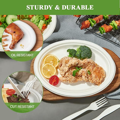 Vplus 100% Compostable Oval Paper Plates 12 inch 125 Pack, Disposable Paper - Image 4