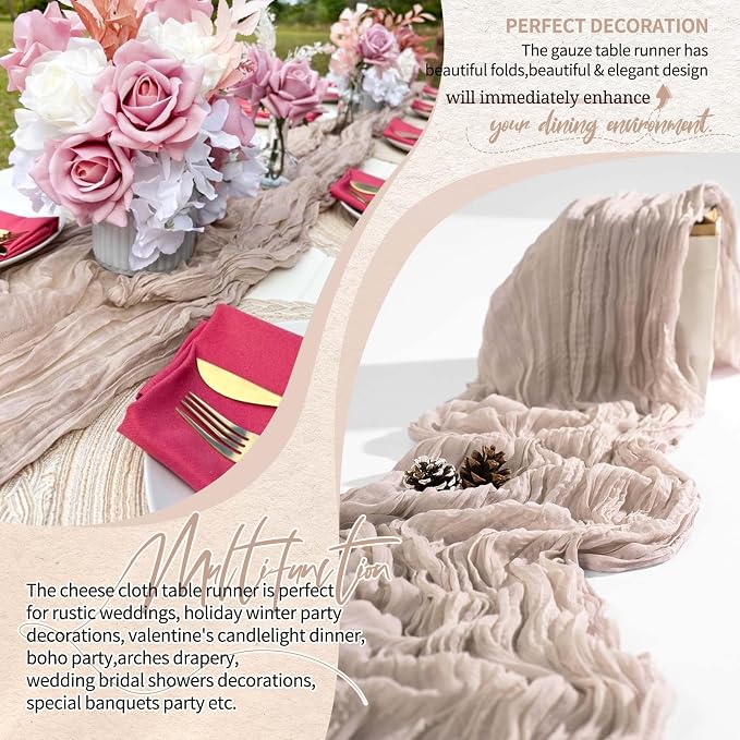 4 Pack Cheesecloth Table Runner 10FT Rosy Brown Table Runner Boho Gauze Cheese - Image 6