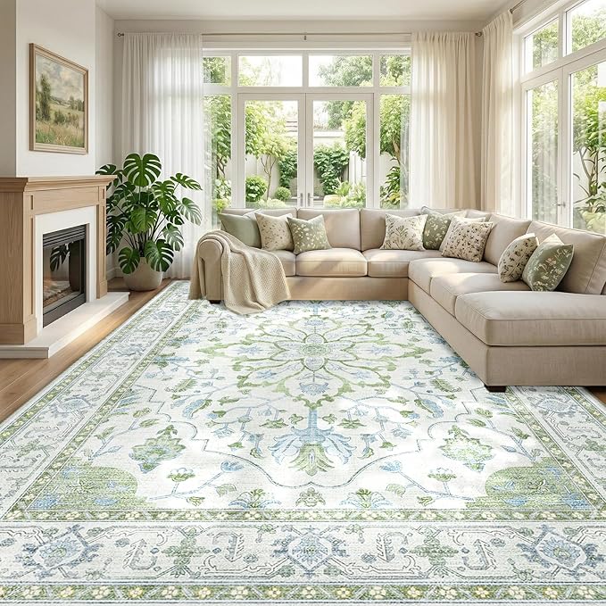 RELEANY Area Rugs Large 9'x12' Washable Non-Slip, Floral Vintage Distress by RELEANY
