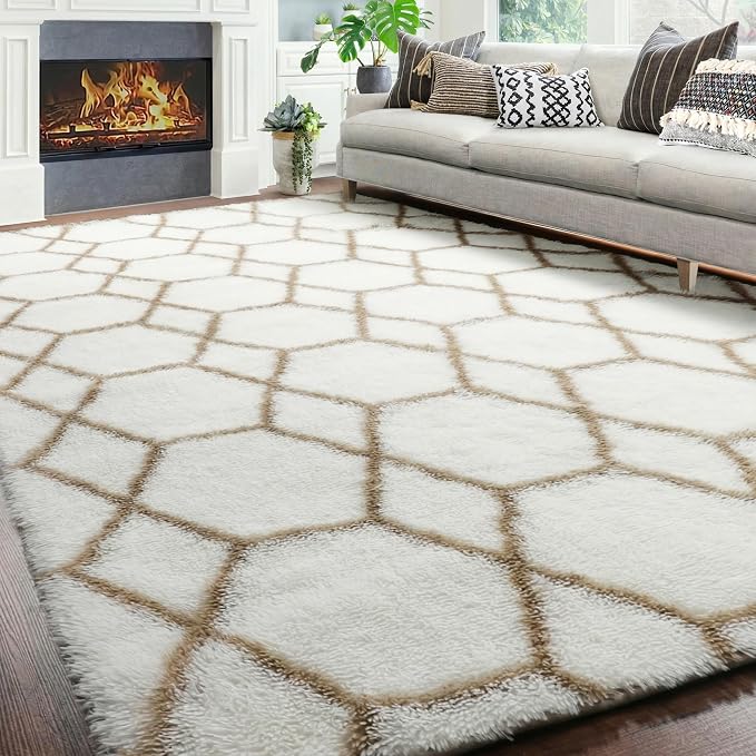 ONASAR 7x9 Area Rugs for Living Room Bedroom, Large Fluffy White and Beige - Image 4