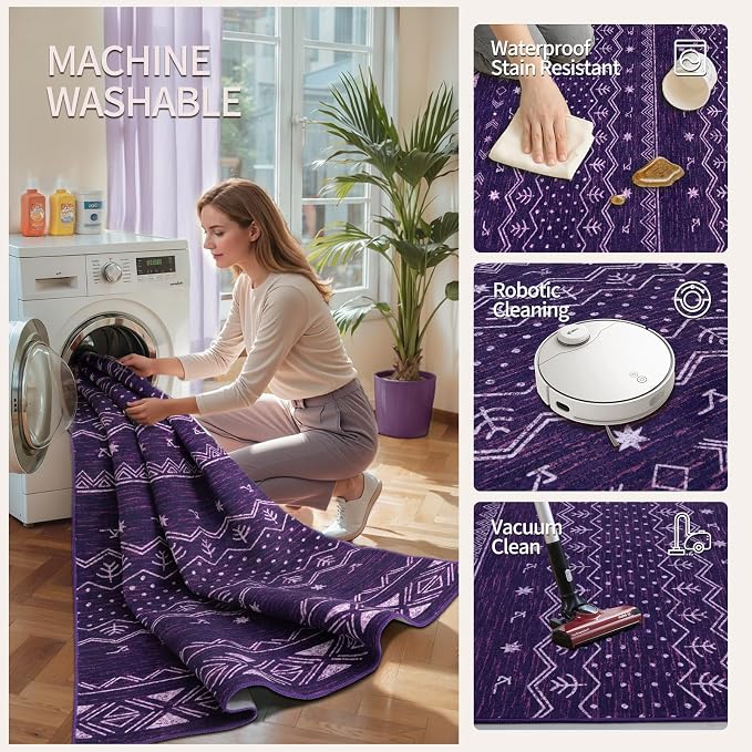 SERISSA 2x6 Kitchen Runner Rug, Washable Non-Slip Purple and White Boho Rug - Image 3
