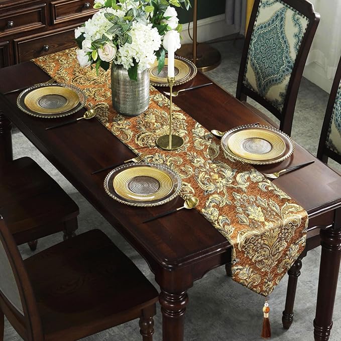 Elegant Floral Chenille Jacquard Table Runner Caramel Color - Image 3