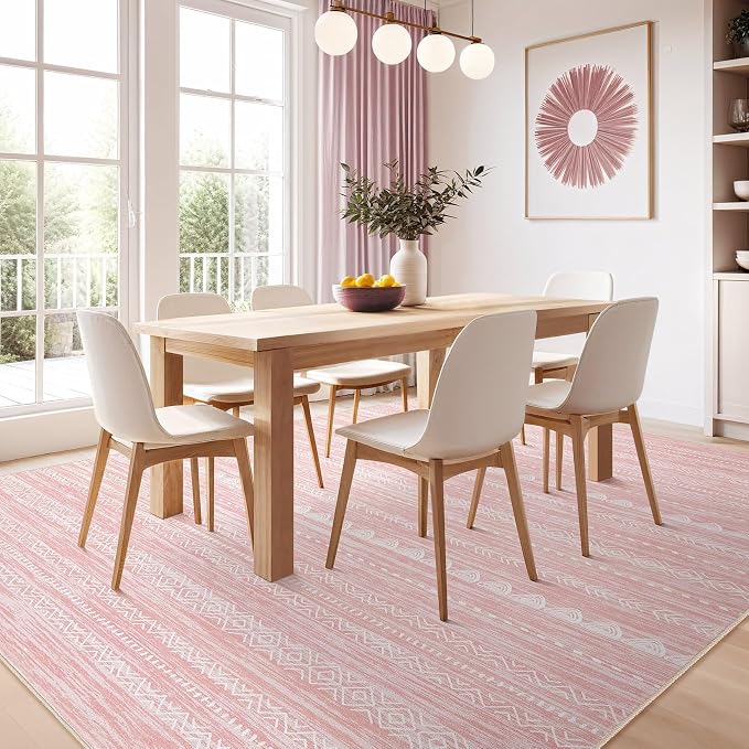 Nakagishi Pink Rugs for Bedroom Girls: 5x8 Washable Boho Large Neutral Area Rug - Image 6