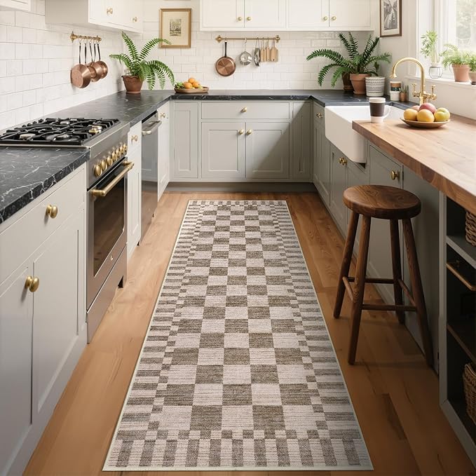 GarveeHome 2×6 Kitchen Runner Rug Non Slip Brown Checkered Rug, Washable Runner by GarveeHome
