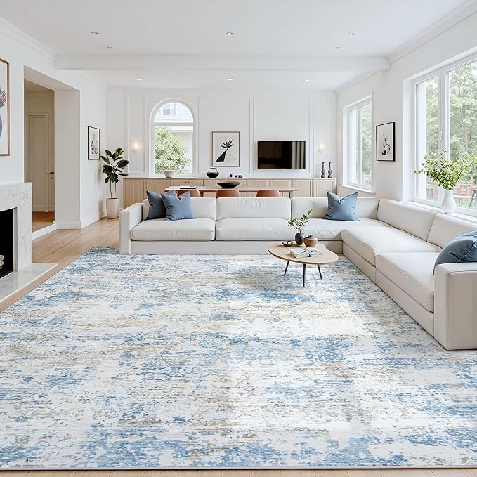 Area Rug 5x7 Living Room Rug Washable: No-Slip Abstract Soft Thin Large Blue by Oriannal
