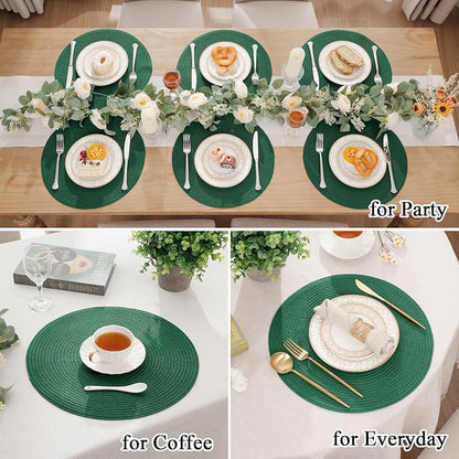 SHACOS Dark Green Round Placemats Set of 6 Cotton Polyester Braided 15 inch - Image 3