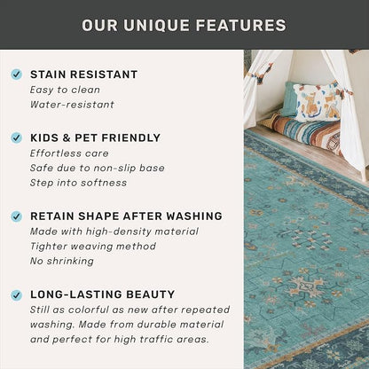 Boho Teal 6x9 Area Rugs for Living Room, Geometric Floral Design Rug for Bedroom - Image 5