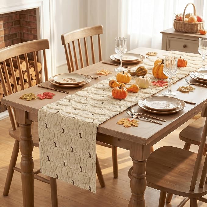 Artoid Mode Beige Soft Faux Fur Fall Table Runner 13x72 Inch | Seasonal Kitchen - Image 4