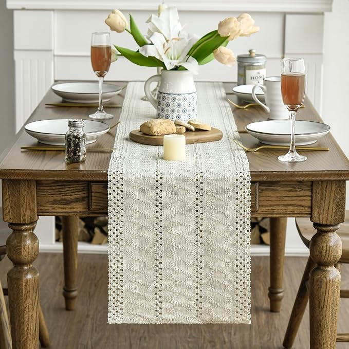 Artoid Mode Beige Woven Farmhouse Hollow Table Runner 12x90 Inch | Holiday - Image 2