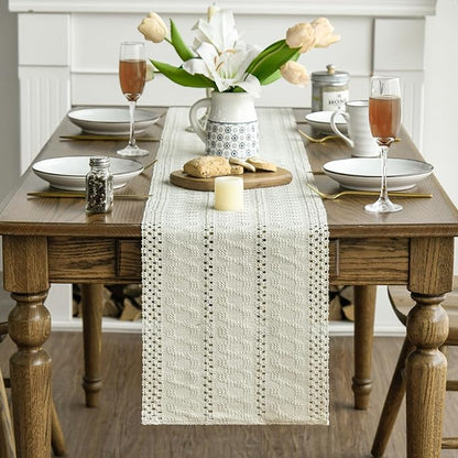 Artoid Mode Beige Woven Farmhouse Hollow Table Runner 12x90 Inch | Holiday - Image 2