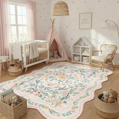 7x9 Pink Rug for Living Room, Scalloped Floral Rug for Girls Dorm, Washable - Image 6
