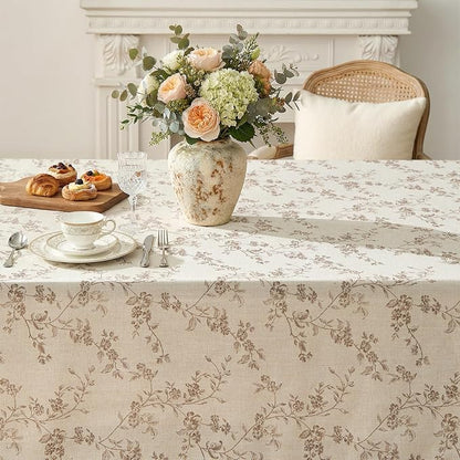 jinchan Taupe Farmhouse Floral Linen Square Table Cloth 52 x 52 Inch | Timeless - Image 4