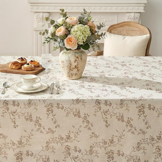 jinchan Taupe Farmhouse Floral Linen Rectangle Table Cloth 52 x 70 Inch | - Image 5