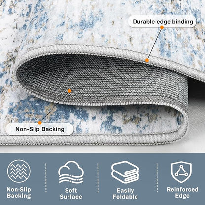 Area Rug 6x9 Living Room Rug Washable: No-Slip Abstract Soft Thin Large Blue - Image 6