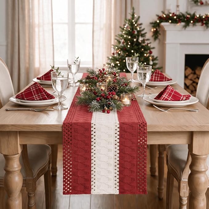 Artoid Mode Rose Red Farmhouse Woven Table Runner 12x36 Inch | Holiday Rustic - Image 2