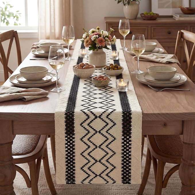 Artoid Mode Black Stripe Diamond Woven Table Runner 12x90 Inch | Holiday - Image 2