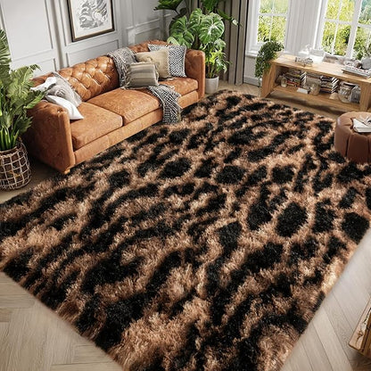 qulint Leopard Rug for Living Room, 5x7 Fluffy Carpet for Bedroom Soft Shaggy by QULINT