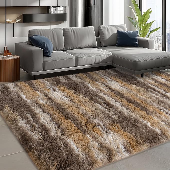Shag Rugs for Living Room 9x12, Ultra Soft Abstract Brown Big Fuzzy Rugs for - Image 4