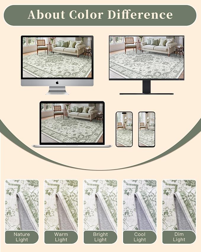 Madane 5x7 Area Rugs for Living Room, Machine Washable Vintage Green Rug - Image 7