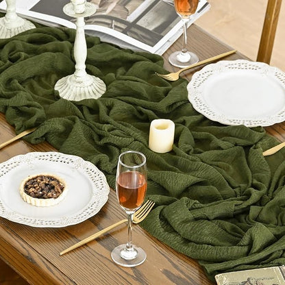 Artoid Mode 3PC Boho Cheesecloth Gauze Olive Green Wedding Table Runner - Image 3