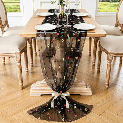 BINBE 3pcs Black Daisy Spring Table Runner Embroidery Gauze 10FT Florals - Image 2