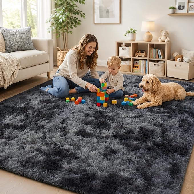 Area Rug for Living Room Bedroom: 5x7 Black Grey Soft Fluffy Shag Upgrade - Image 8