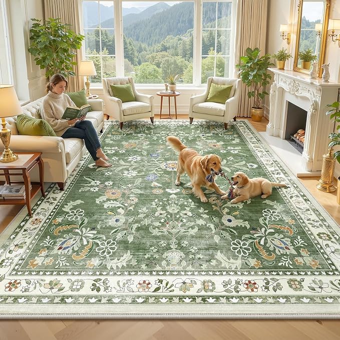 Yamaziot Washable Area Rug 9x12 – Large Non-Slip Boho Floral Living Room Rug by Yamaziot