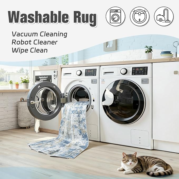 Area Rug 8x10 Living Room Rug Washable: No-Slip Abstract Soft Thin Large Blue - Image 2