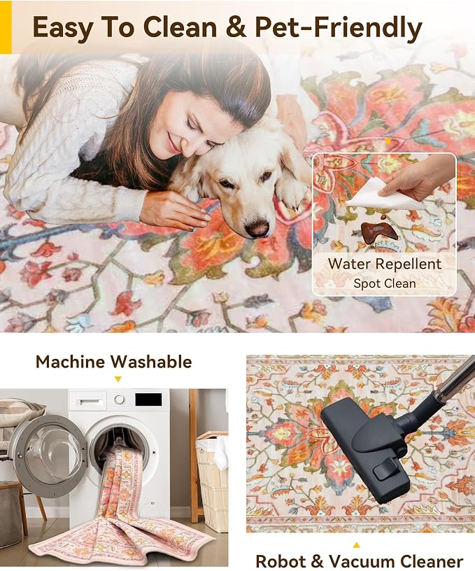 RELEANY Area Rugs Square 4ft Washable Non-Slip, Floral Vintage Distress - Image 3