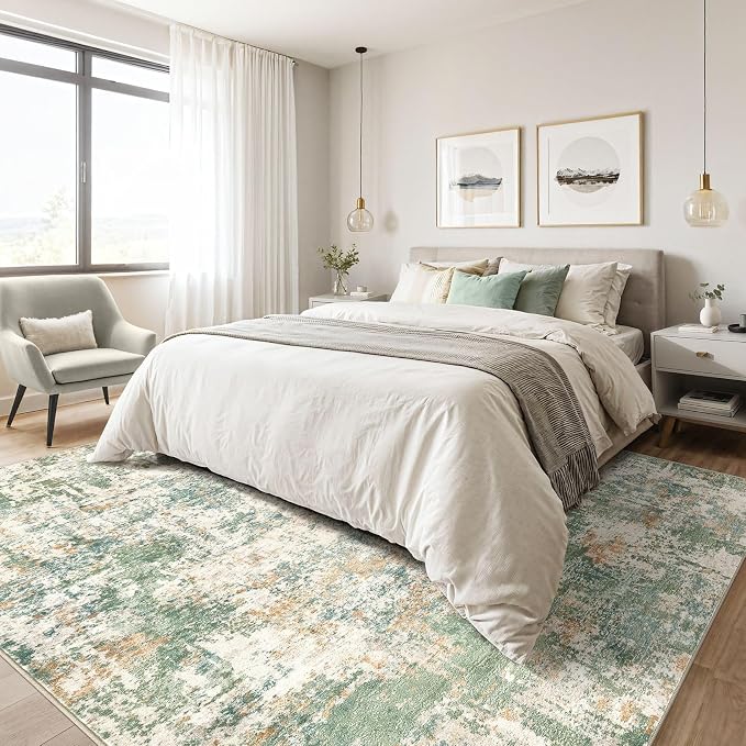 Area Rugs 9x12 Living Room: Washable Large Abstract Soft Green Rug Stain - Image 4