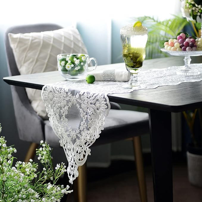 SUTAVIA Lace Patio Table Runner 12"×84" White Embroidered Dresser Scarf | - Image 2