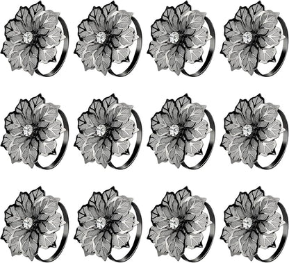 KPOSIYA Flower Napkin Rings Holder Metal Black Napkin Rings Set of 12 by KPOSIYA