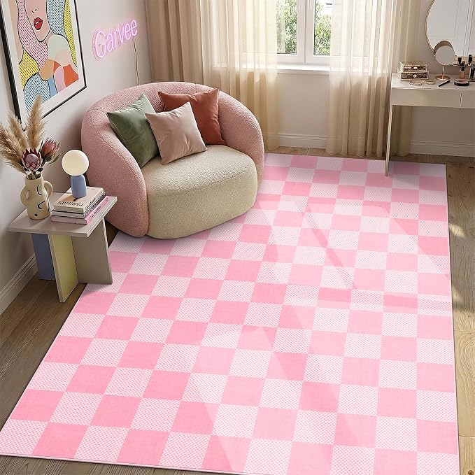 GarveeHome Checkered Blush Pink and White 2x3 Washbale Rug Door Mat Geometric - Image 4