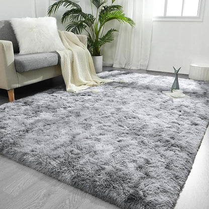 FlyDOIT Large Area Rugs for Living Room, 5x8 Feet Tie-Dyed Light Grey Shaggy by FlyDOIT