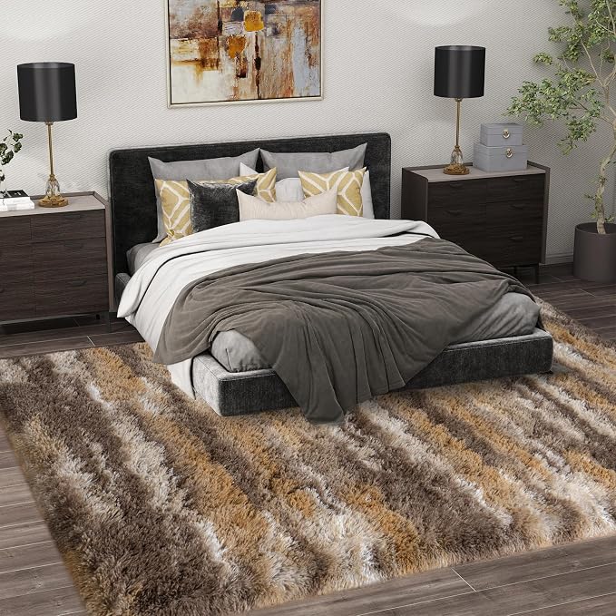 Shag Rugs for Living Room 9x12, Ultra Soft Abstract Brown Big Fuzzy Rugs for - Image 3