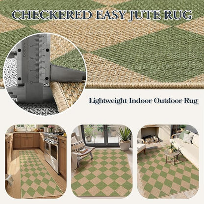 Lahome Colette Green Checkered Easy Jute Rug, 3x5 Washable Outdoor Rug Neutral - Image 5