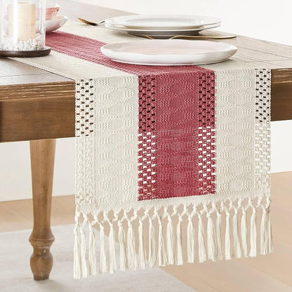 Macrame Style Bicolor Stitching Table Runner 14x90in Dusty Rose | Woven Boho by ZEEMARTONLINE