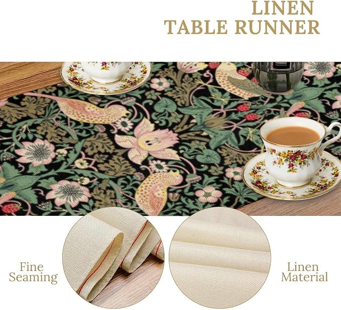 William Morris Floral Table Runner, Vintage Flowers Green Botanical Printed - Image 5