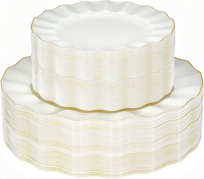 120PCS Ivory White Plastic Plates, Wavy Plates by QualQuot