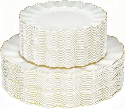 120PCS Ivory White Plastic Plates, Wavy Plates by QualQuot
