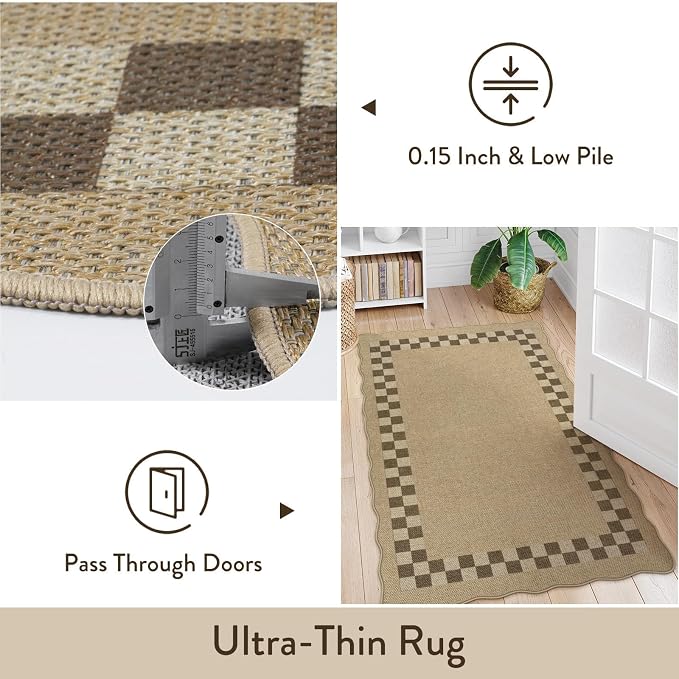 LIVEBOX Scalloped Easy Jute Checkered 3x5 Outdoor Rug, Washable Non-Slip Tan - Image 7