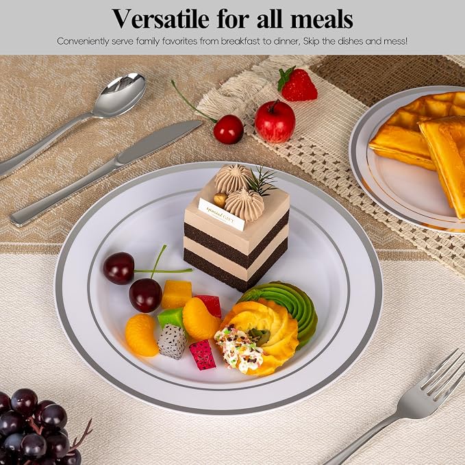 100Pcs Silver Rim Plastic Dinner Plates, 10.25 Inch | Heavy Duty Disposable - Image 2