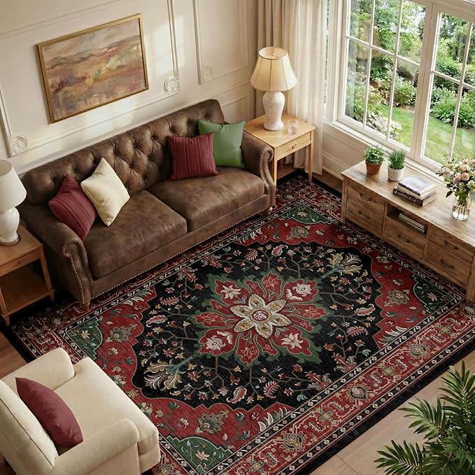 RELEANY Area Rugs 6'x8' Washable Non-Slip, Floral Vintage Distress Medallion by RELEANY