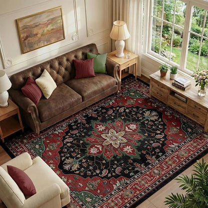 RELEANY Area Rugs 6'x8' Washable Non-Slip, Floral Vintage Distress Medallion by RELEANY